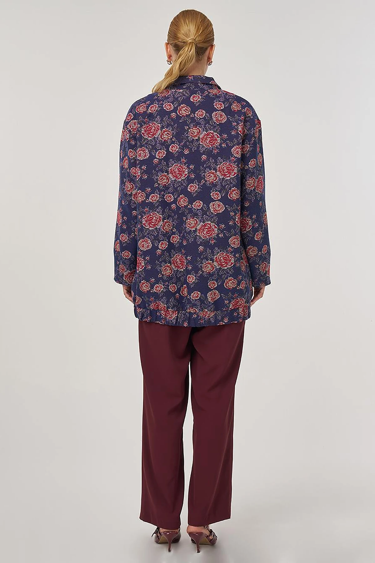 Patterned Stand Collar Jacket Navy
