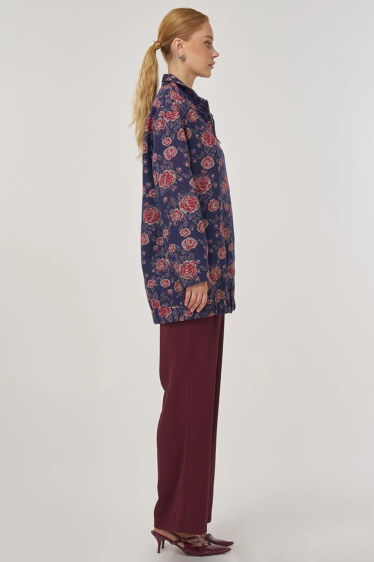 Patterned Stand Collar Jacket Navy
