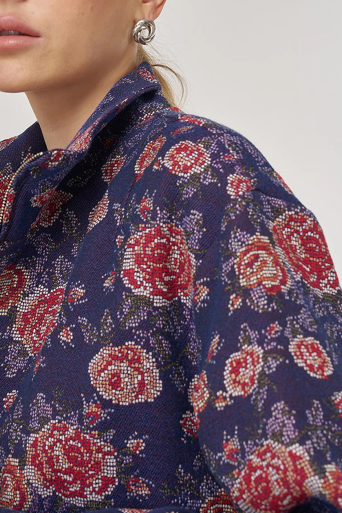 Patterned Stand Collar Jacket Navy
