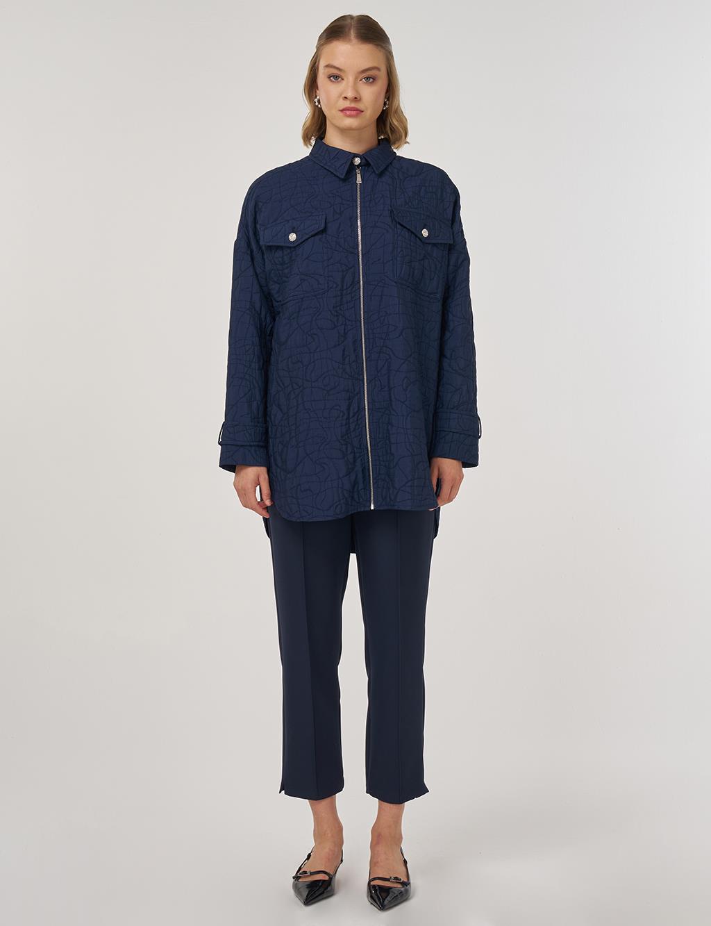 Kabartma Desen Gömlek Yaka Ceket Koyu Lacivert 