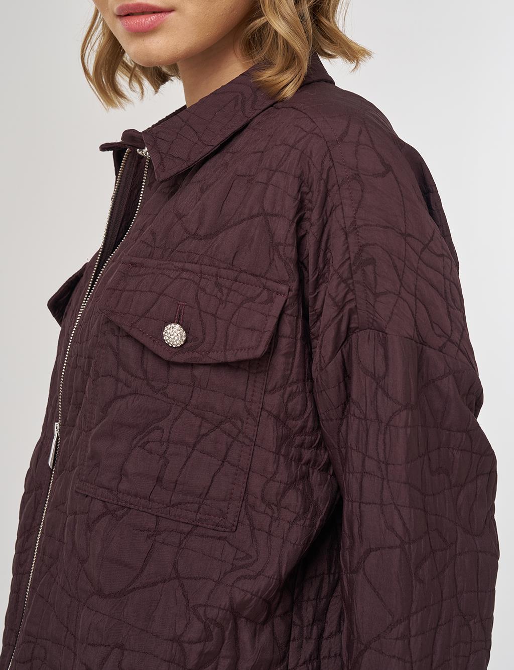 Kabartma Desen Gömlek Yaka Ceket Koyu Bordo