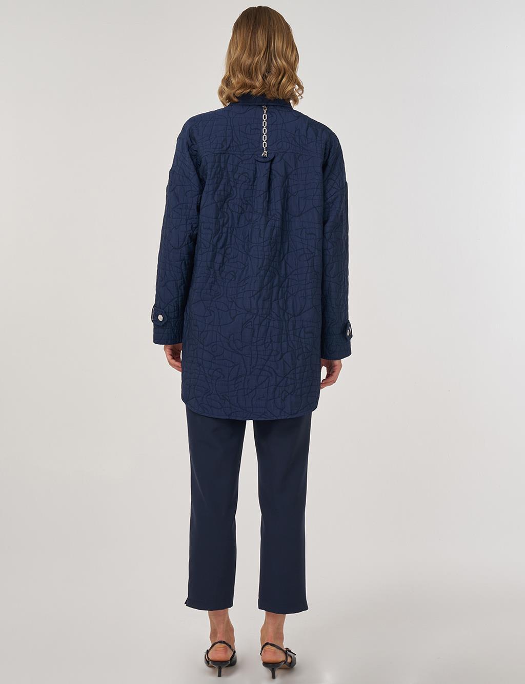 Kabartma Desen Gömlek Yaka Ceket Koyu Lacivert 