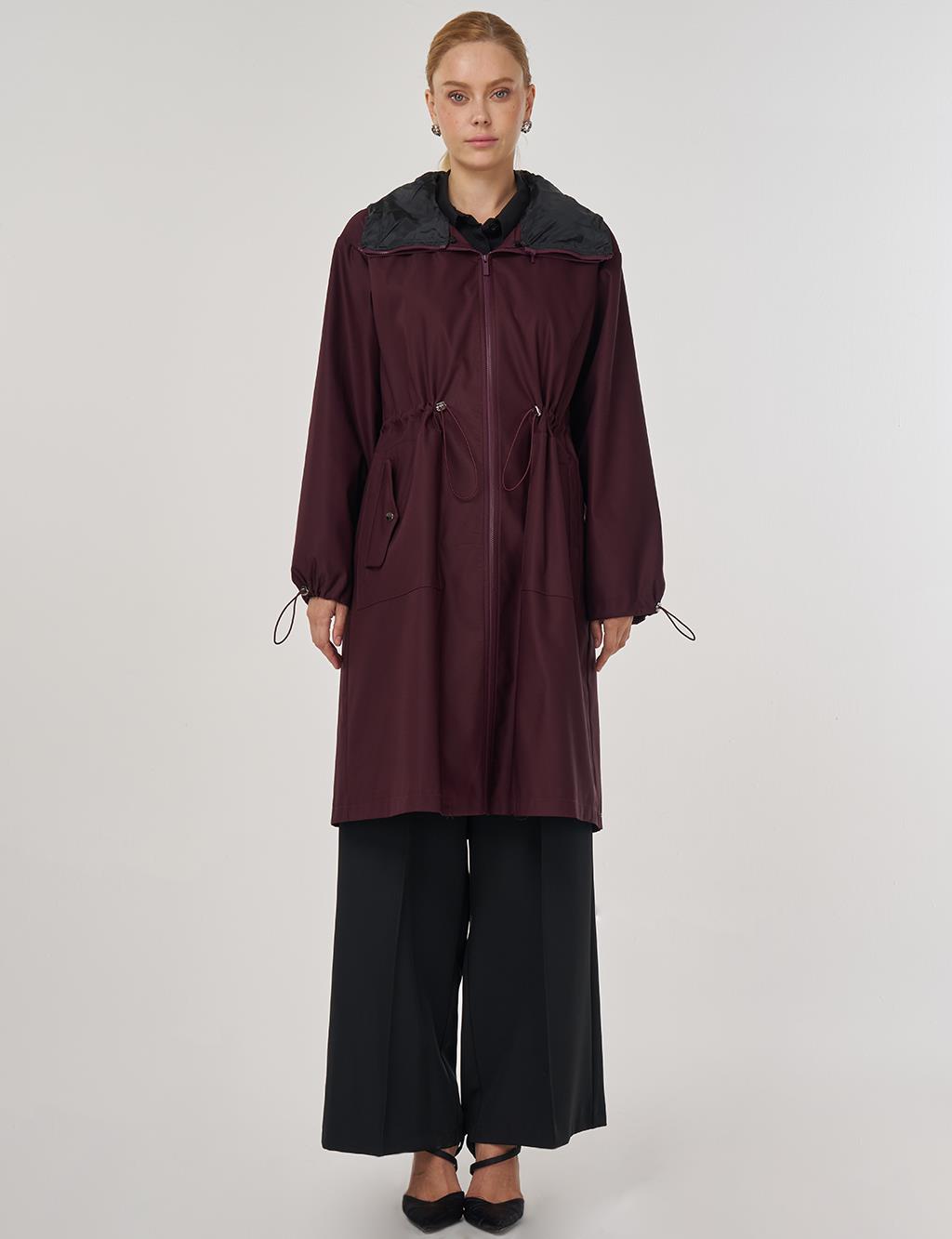 Drawstring Waist Trench Coat Burgundy