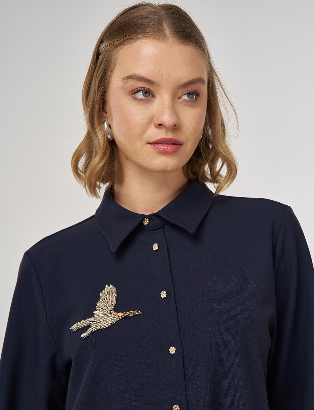 İşlemeli Viskon Tunik Koyu Lacivert 