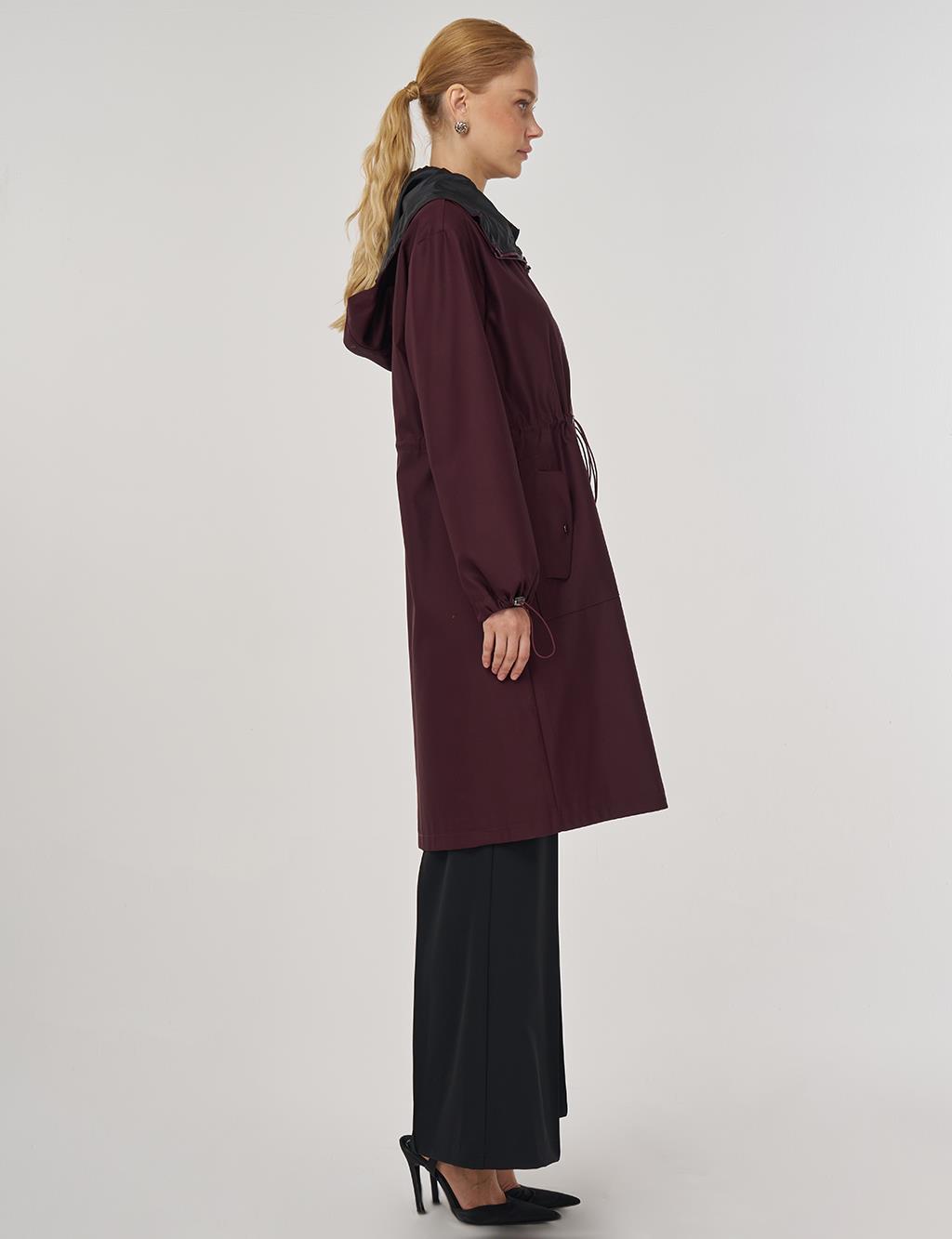 Drawstring Waist Trench Coat Burgundy