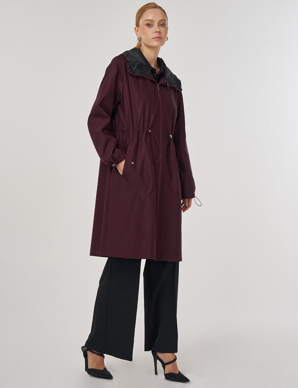 Drawstring Waist Trench Coat Burgundy
