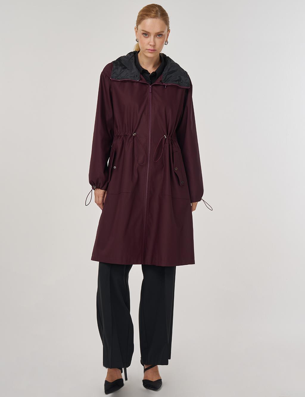 Drawstring Waist Trench Coat Burgundy