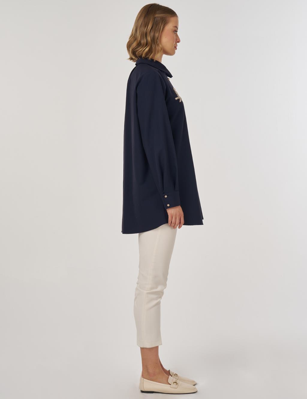 İşlemeli Viskon Tunik Koyu Lacivert 