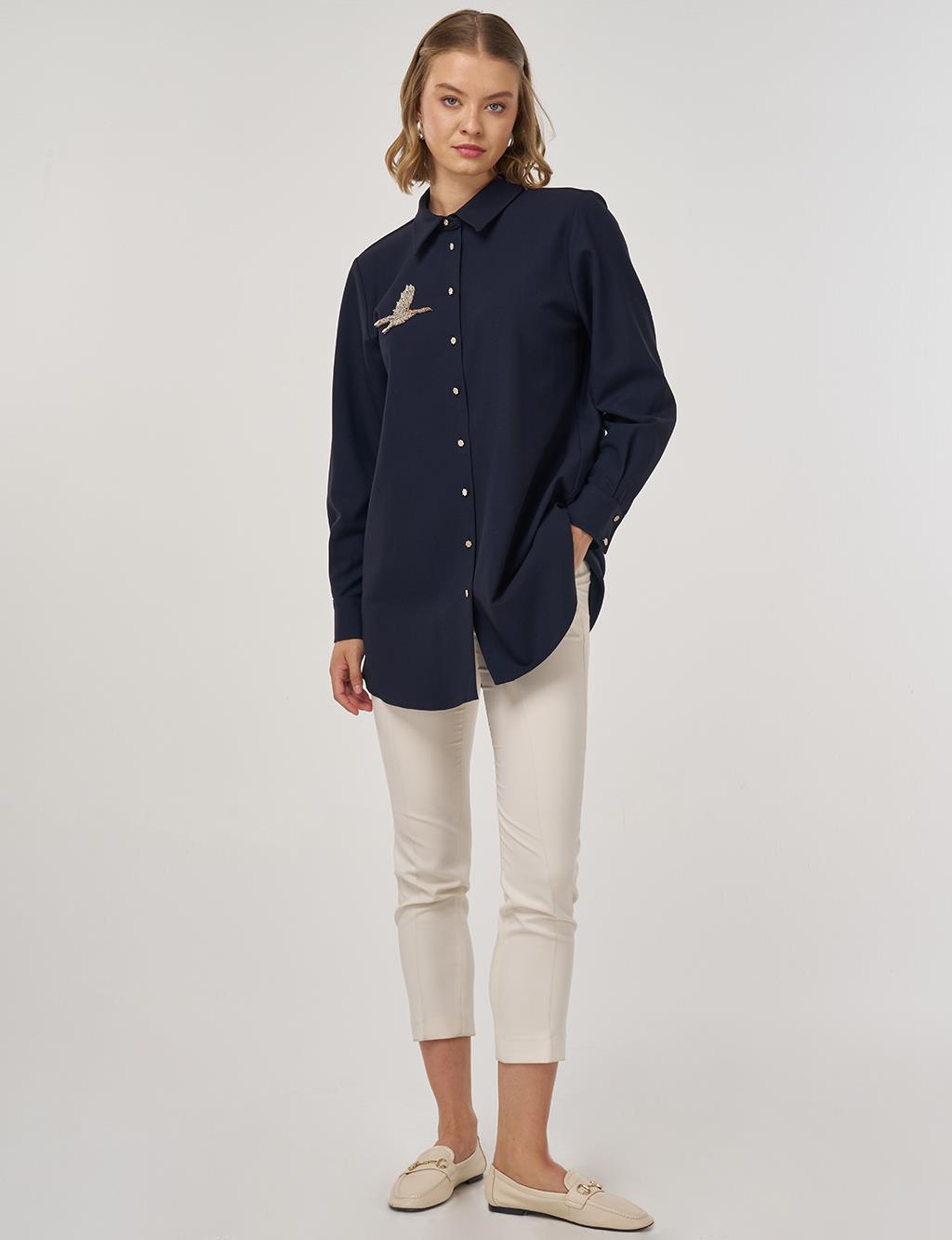 İşlemeli Viskon Tunik Koyu Lacivert 