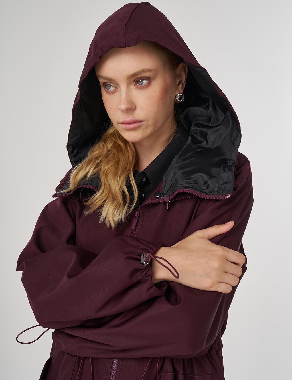 Drawstring Waist Trench Coat Burgundy