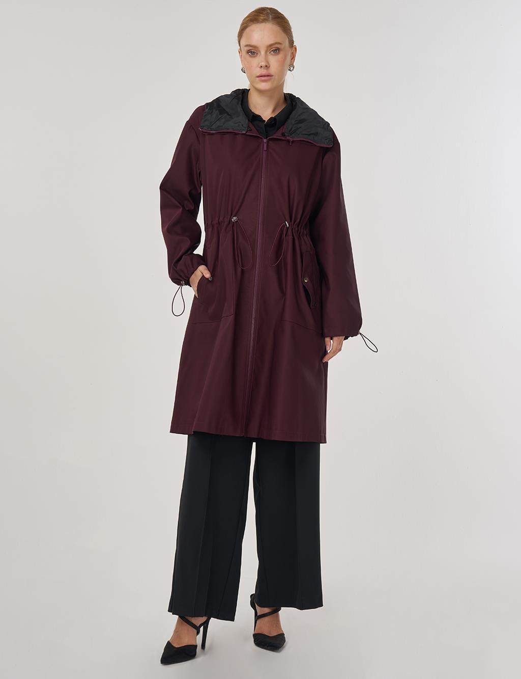 Drawstring Waist Trench Coat Burgundy