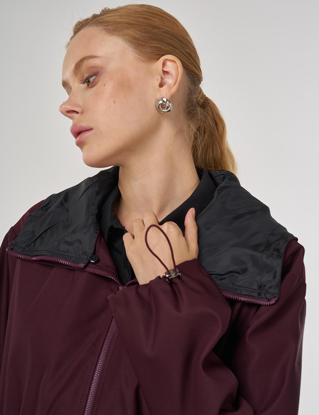 Drawstring Waist Trench Coat Burgundy