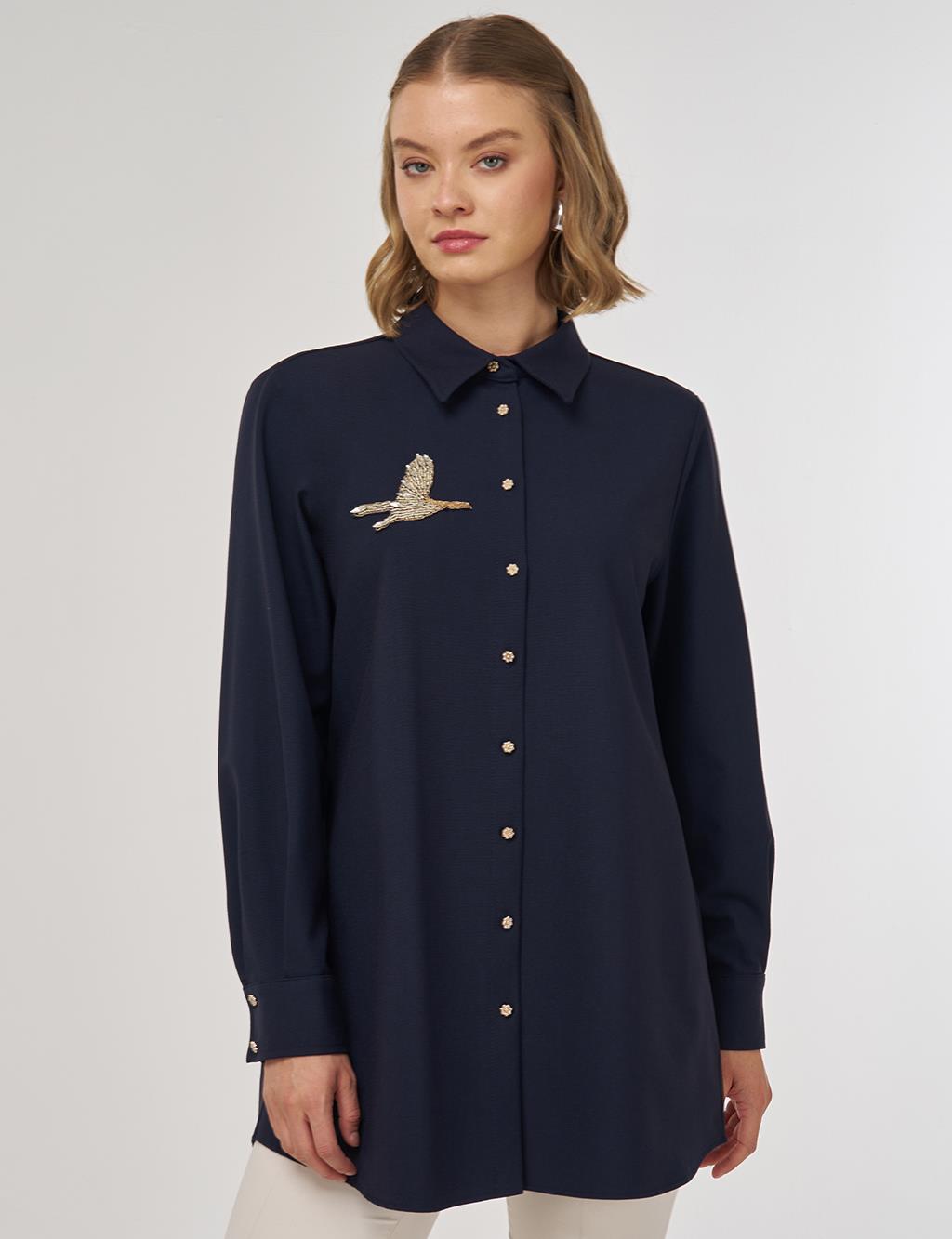 İşlemeli Viskon Tunik Koyu Lacivert 