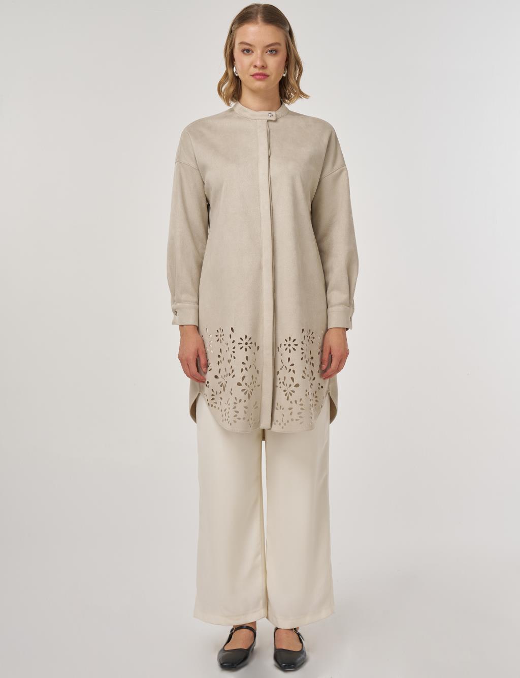 Laser-Cut Suede Tunic Stone