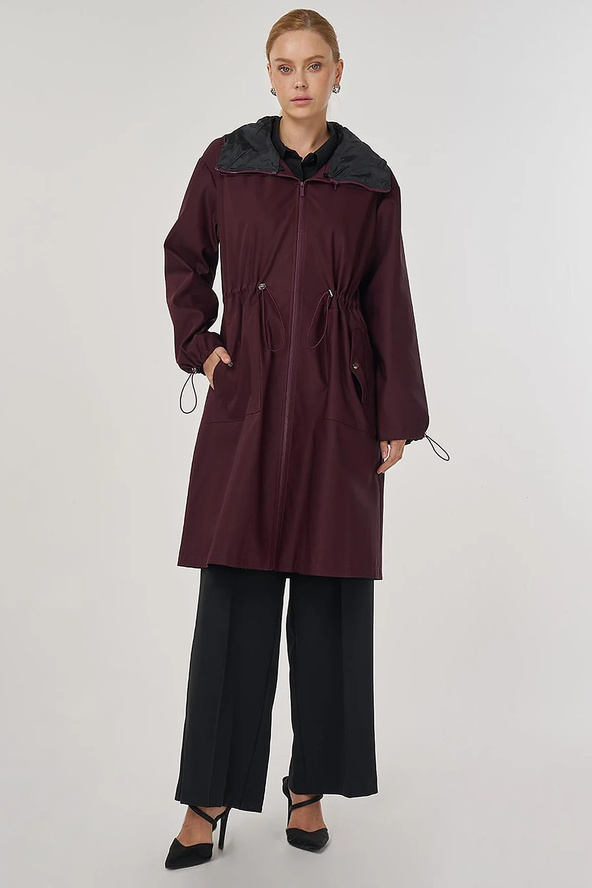 Drawstring Waist Trench Coat Burgundy