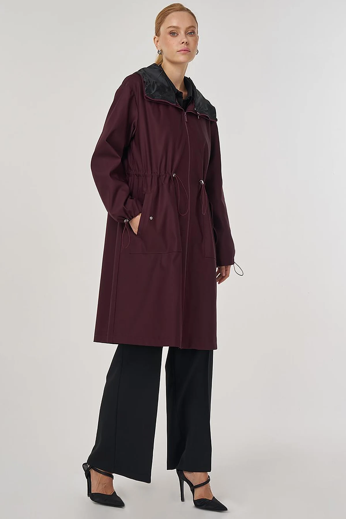 Drawstring Waist Trench Coat Burgundy