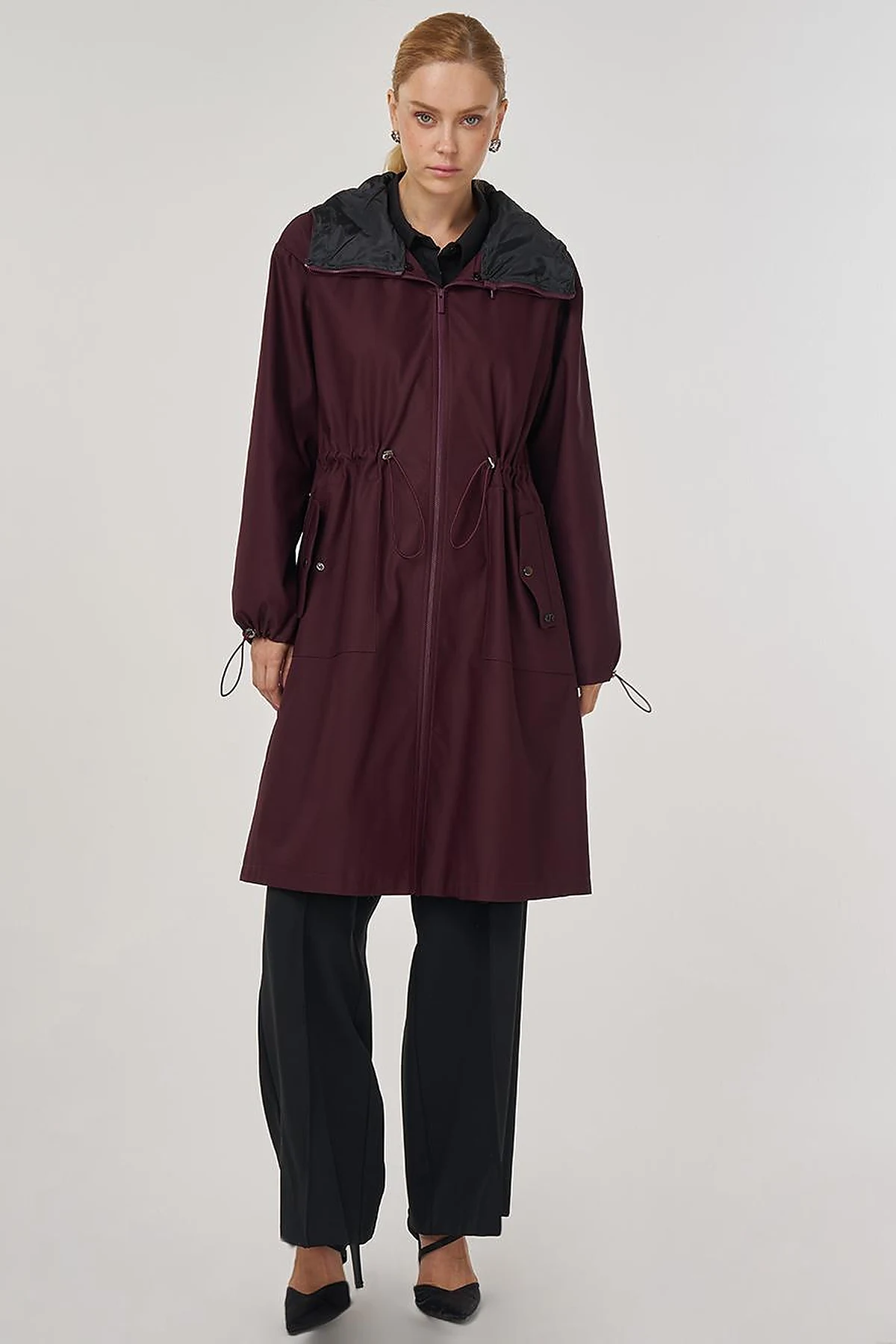 Drawstring Waist Trench Coat Burgundy