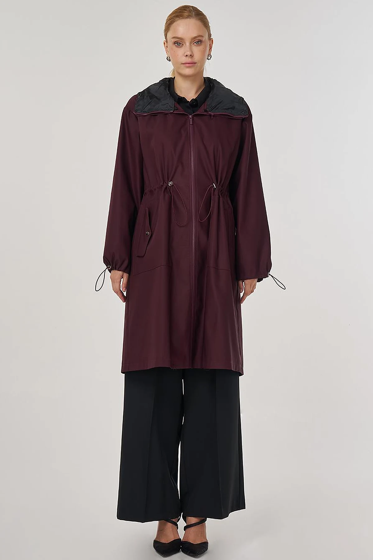 Drawstring Waist Trench Coat Burgundy