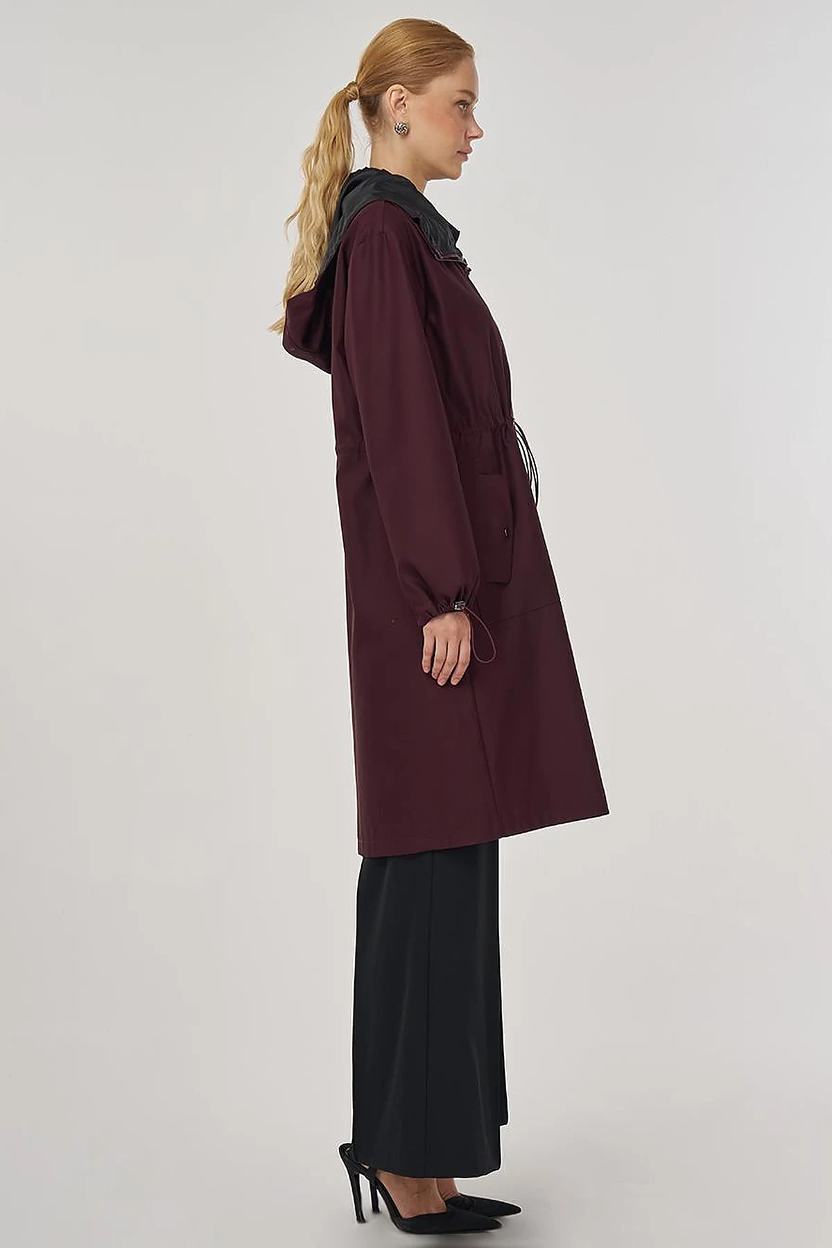 Drawstring Waist Trench Coat Burgundy