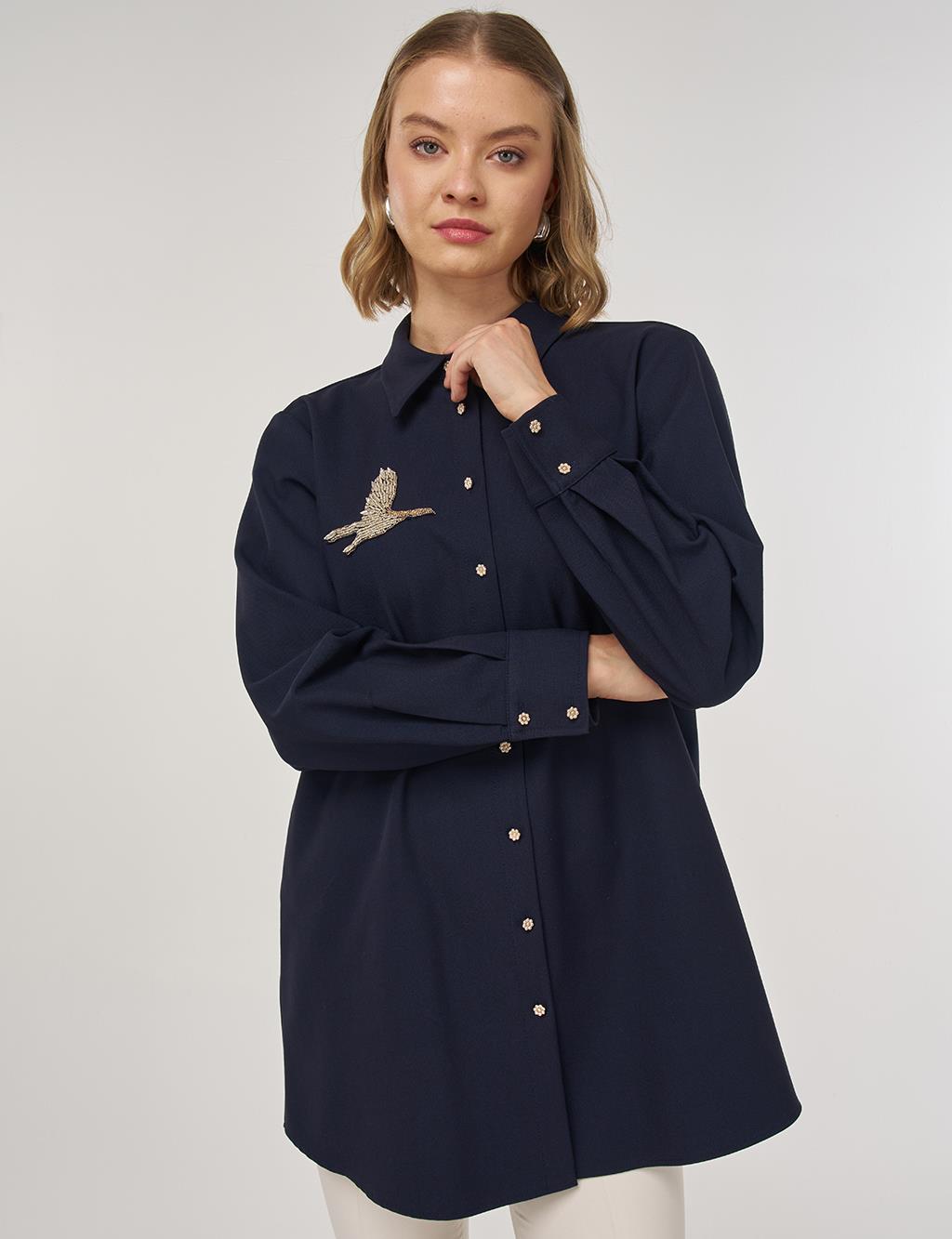 İşlemeli Viskon Tunik Koyu Lacivert 