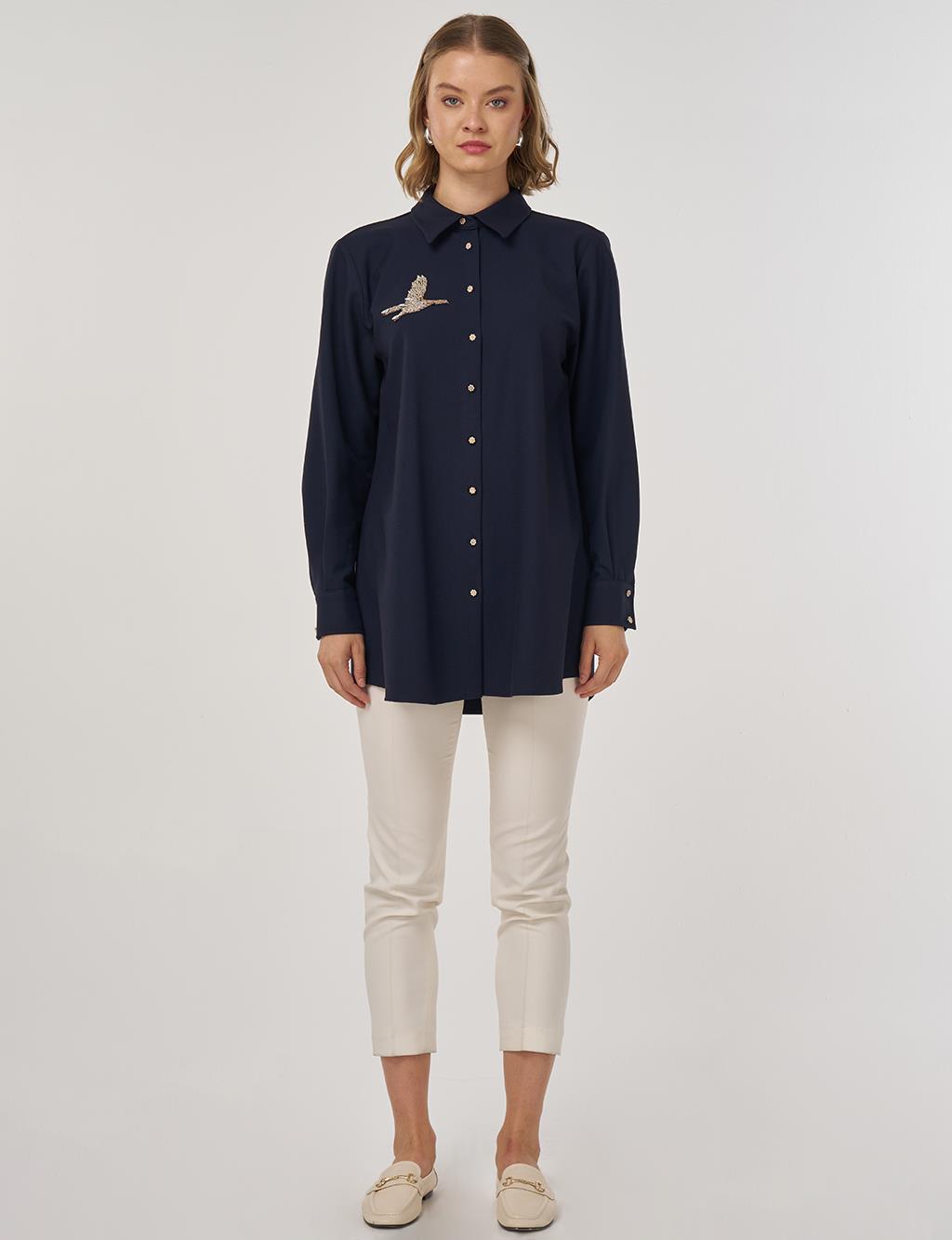 İşlemeli Viskon Tunik Koyu Lacivert 