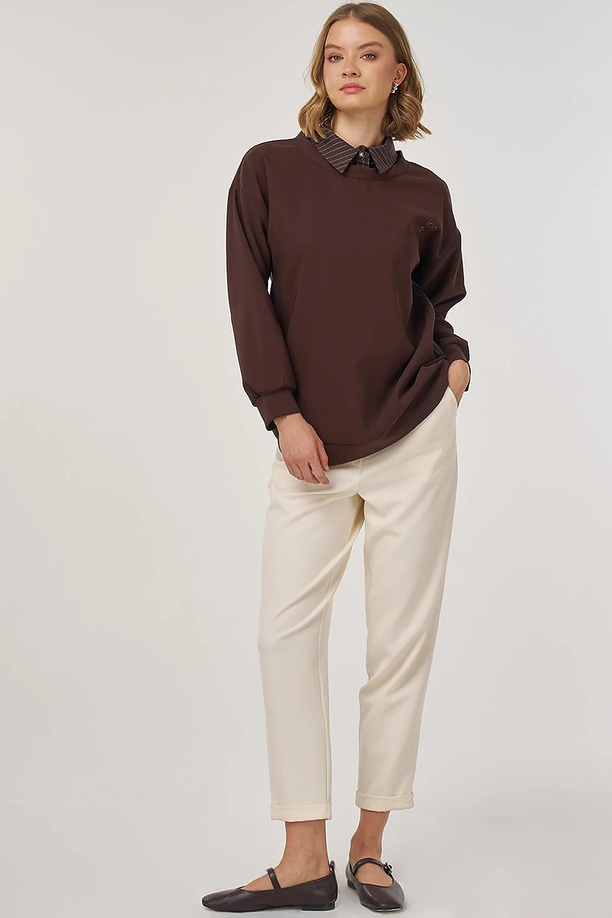 Shirt-Detail Sweatshirt Dark Brown