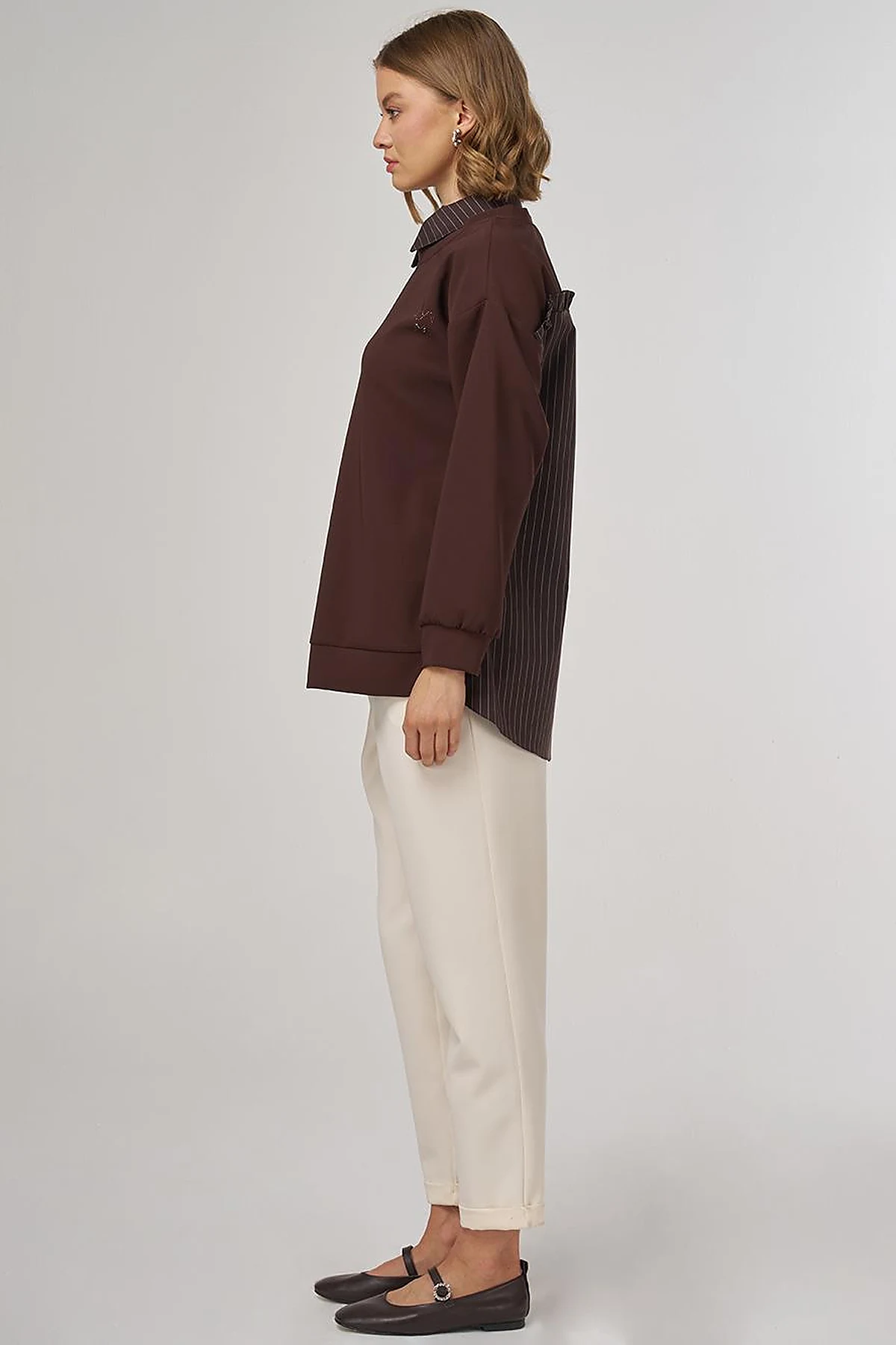 Shirt-Detail Sweatshirt Dark Brown