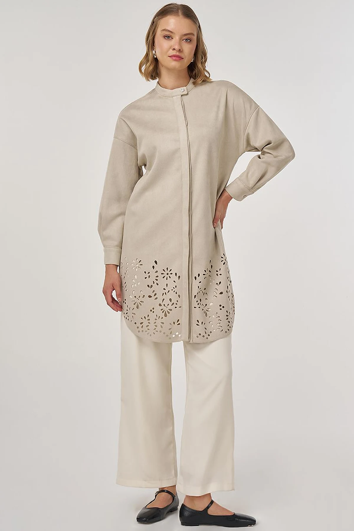 Laser-Cut Suede Tunic Stone