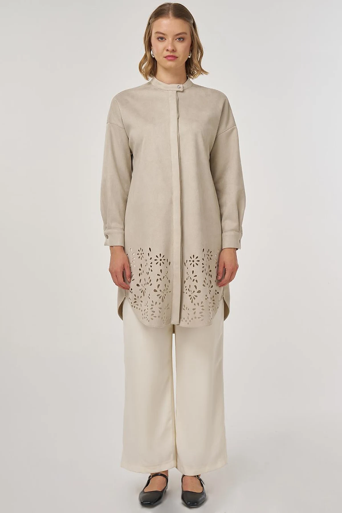 Laser-Cut Suede Tunic Stone