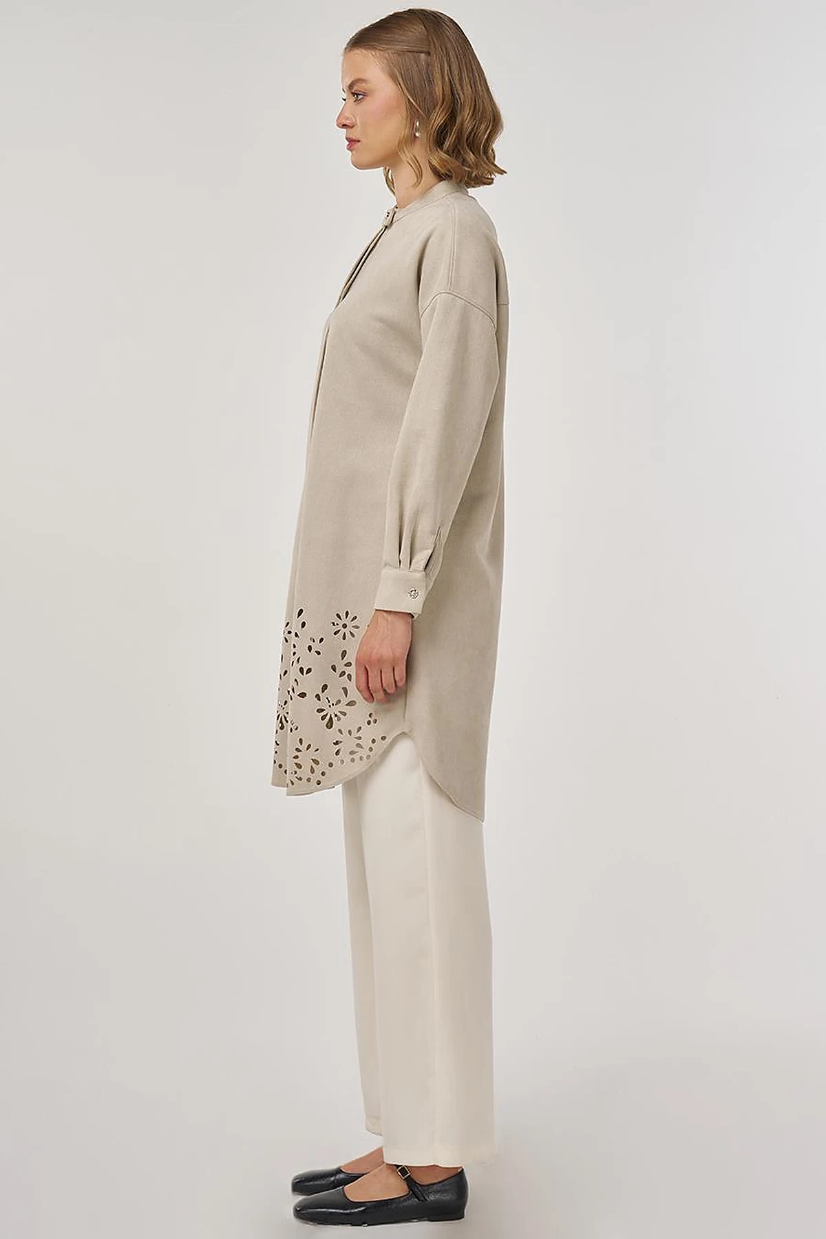 Laser-Cut Suede Tunic Stone