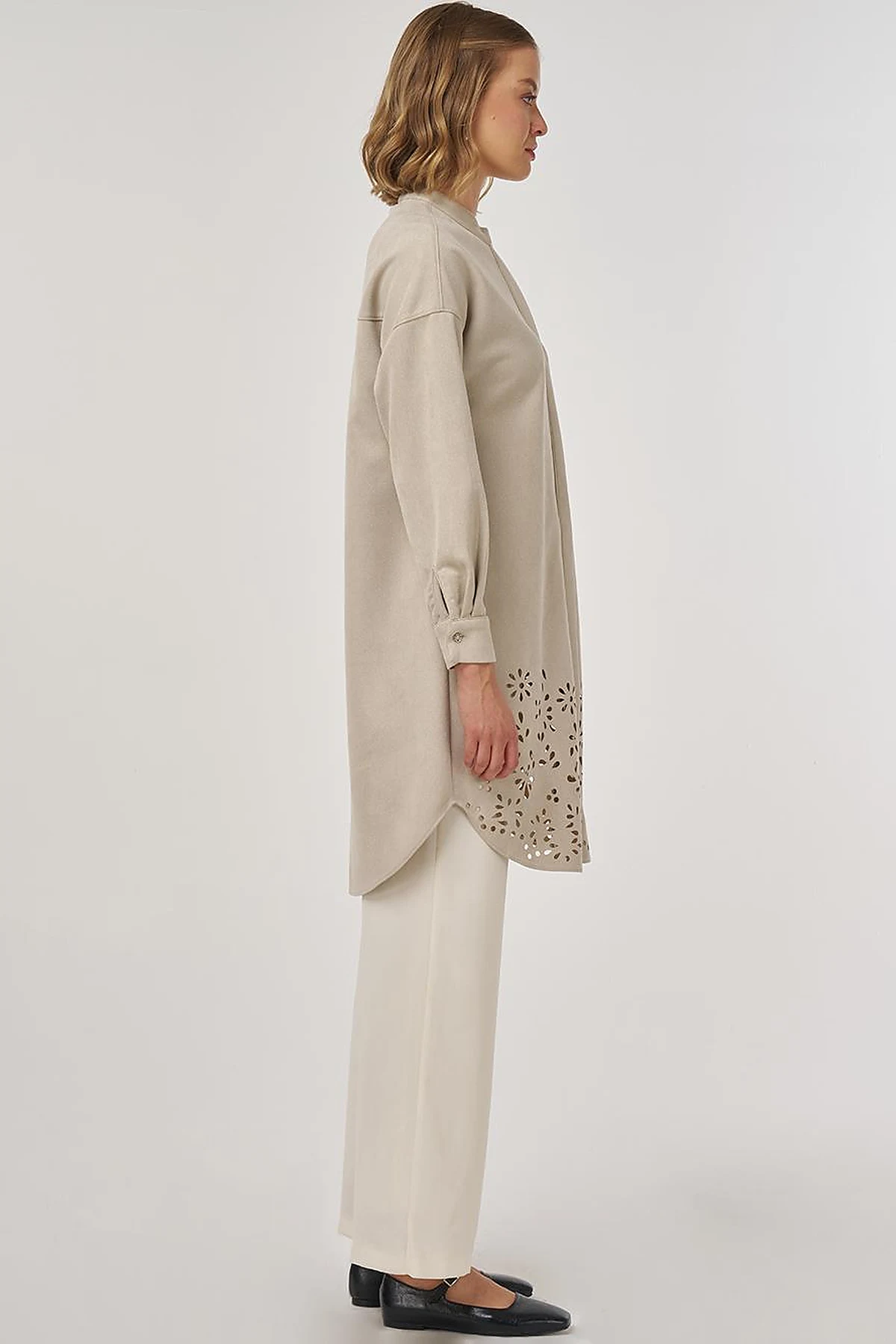 Laser-Cut Suede Tunic Stone