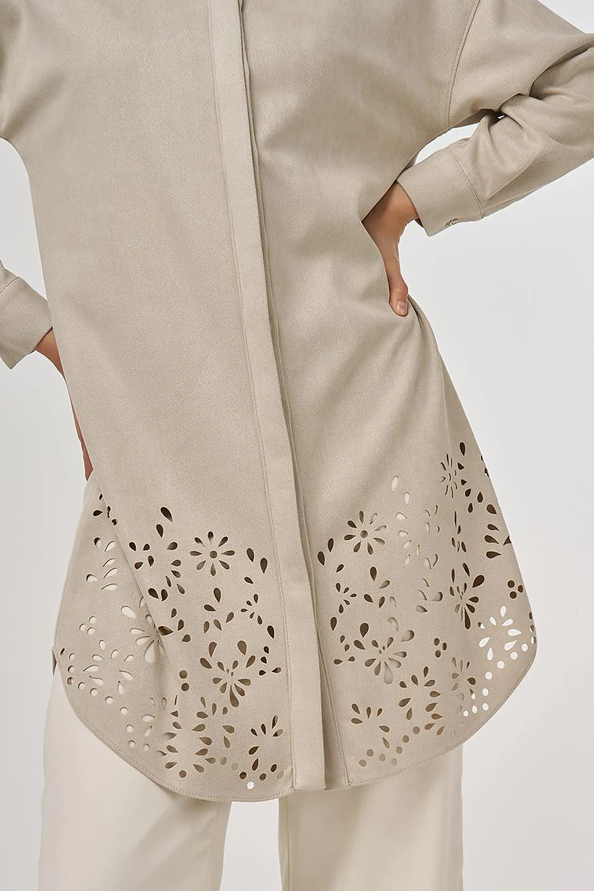Laser-Cut Suede Tunic Stone