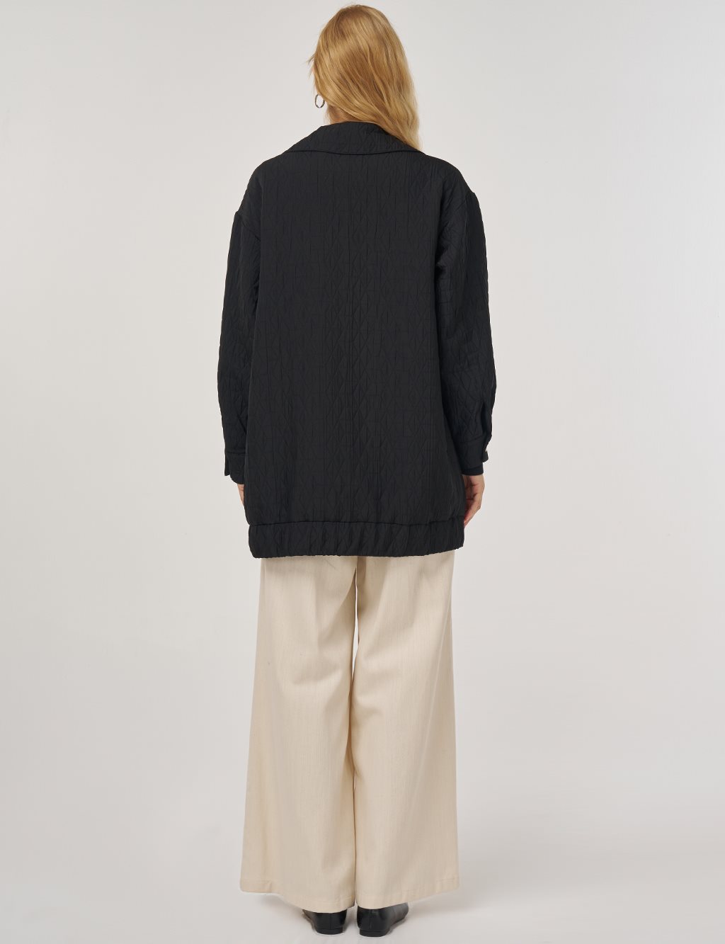 Geniş Yaka Gofreli Ceket Siyah 