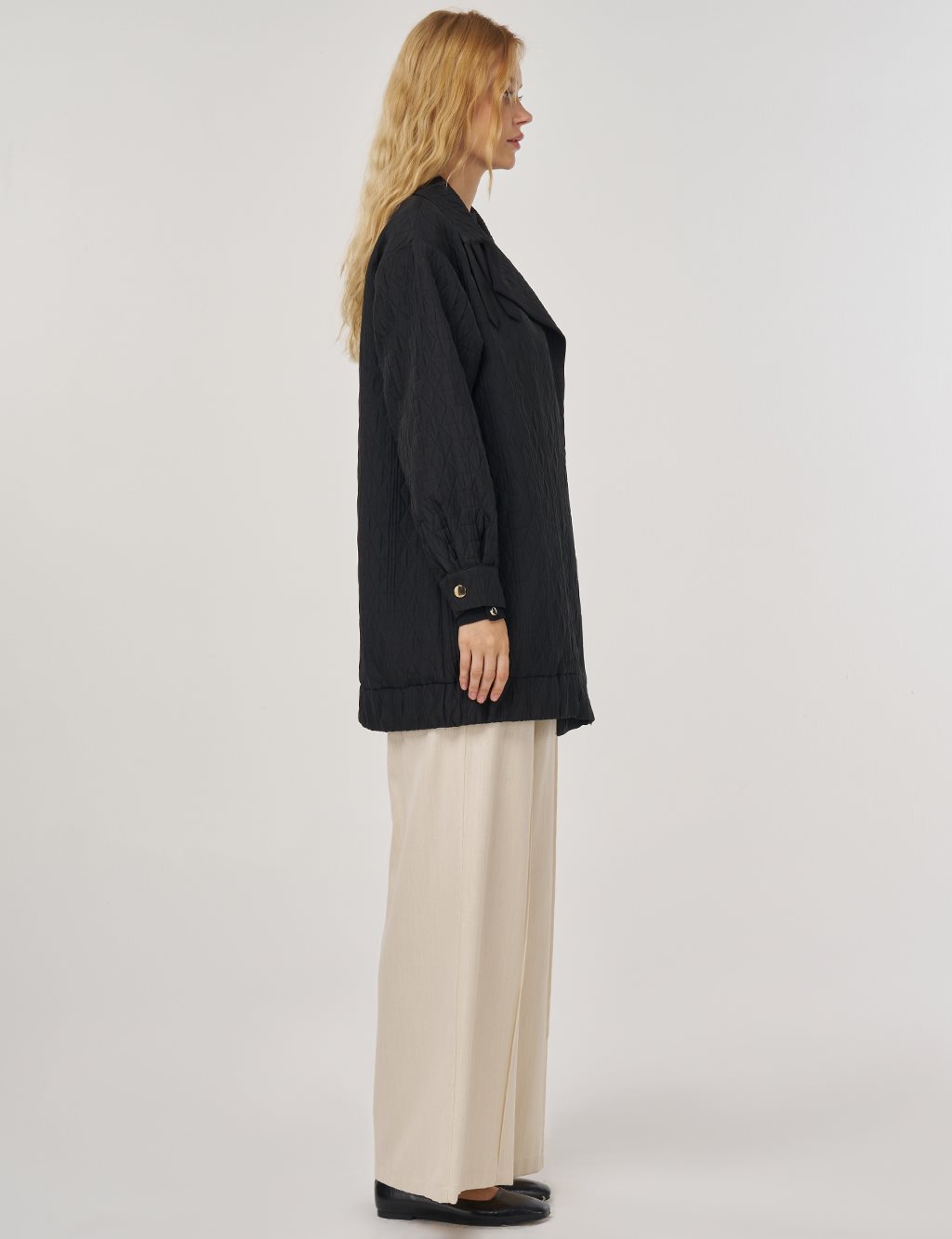 Geniş Yaka Gofreli Ceket Siyah 