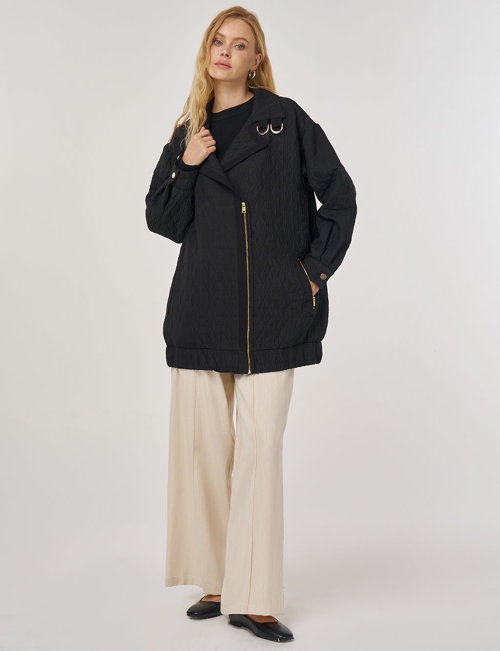 Geniş Yaka Gofreli Ceket Siyah 