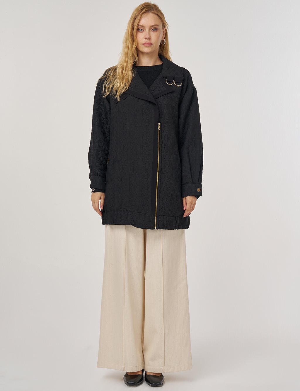 Geniş Yaka Gofreli Ceket Siyah 