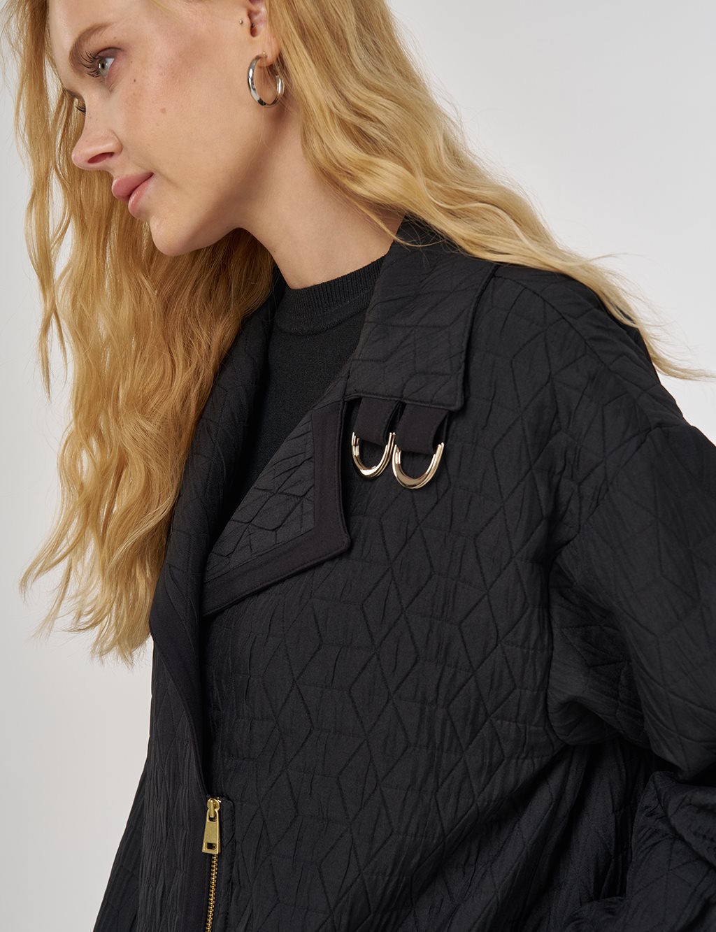 Geniş Yaka Gofreli Ceket Siyah 