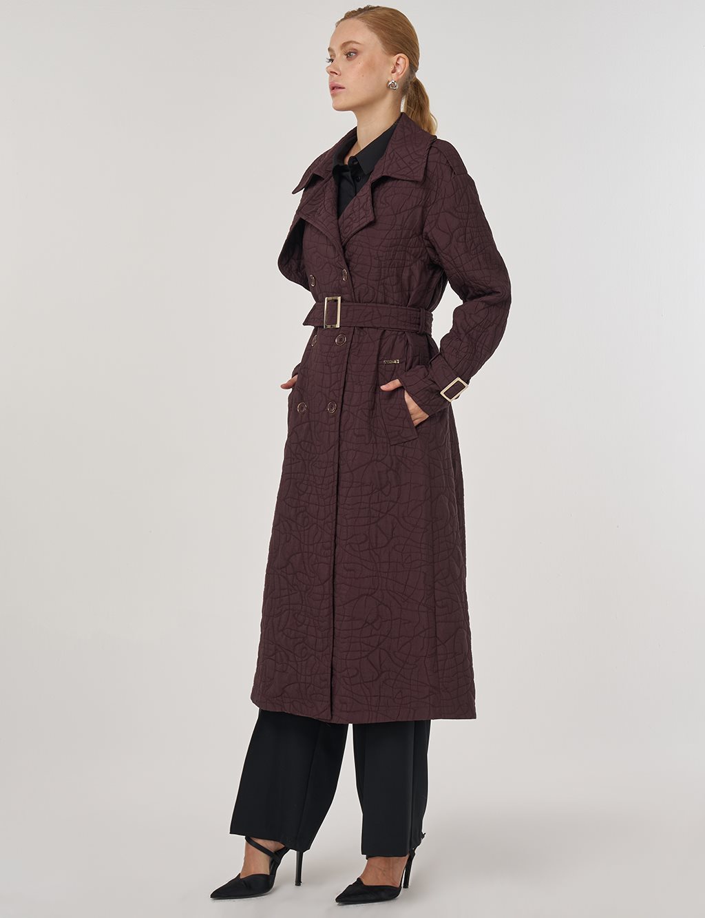 Embossed Epaulette Trench Coat in Dark Burgundy