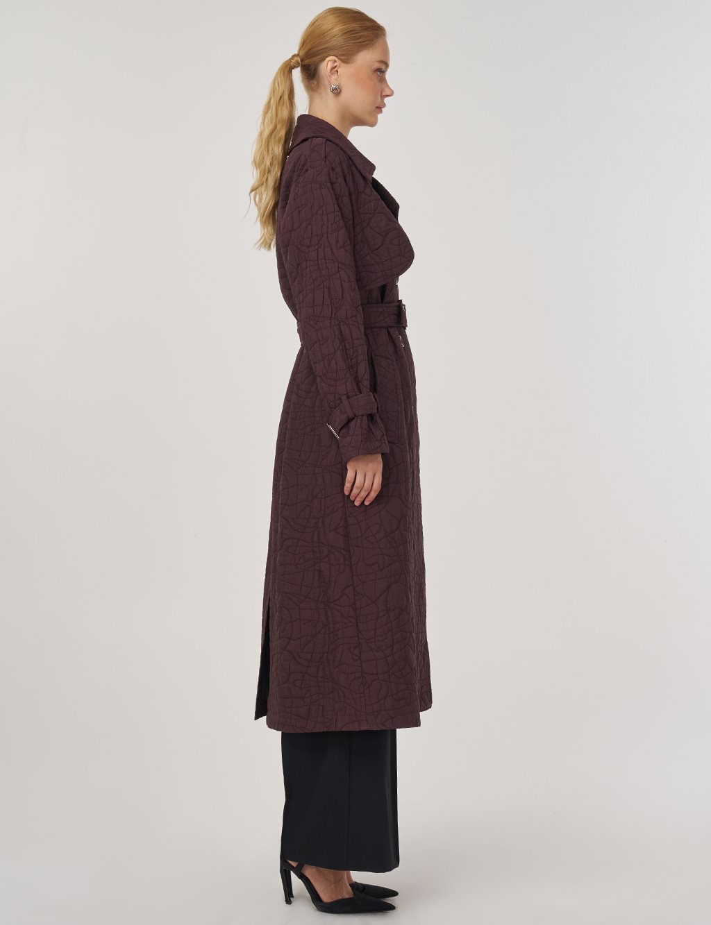Embossed Epaulette Trench Coat in Dark Burgundy