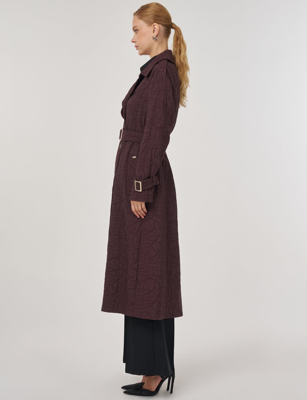 Embossed Epaulette Trench Coat in Dark Burgundy