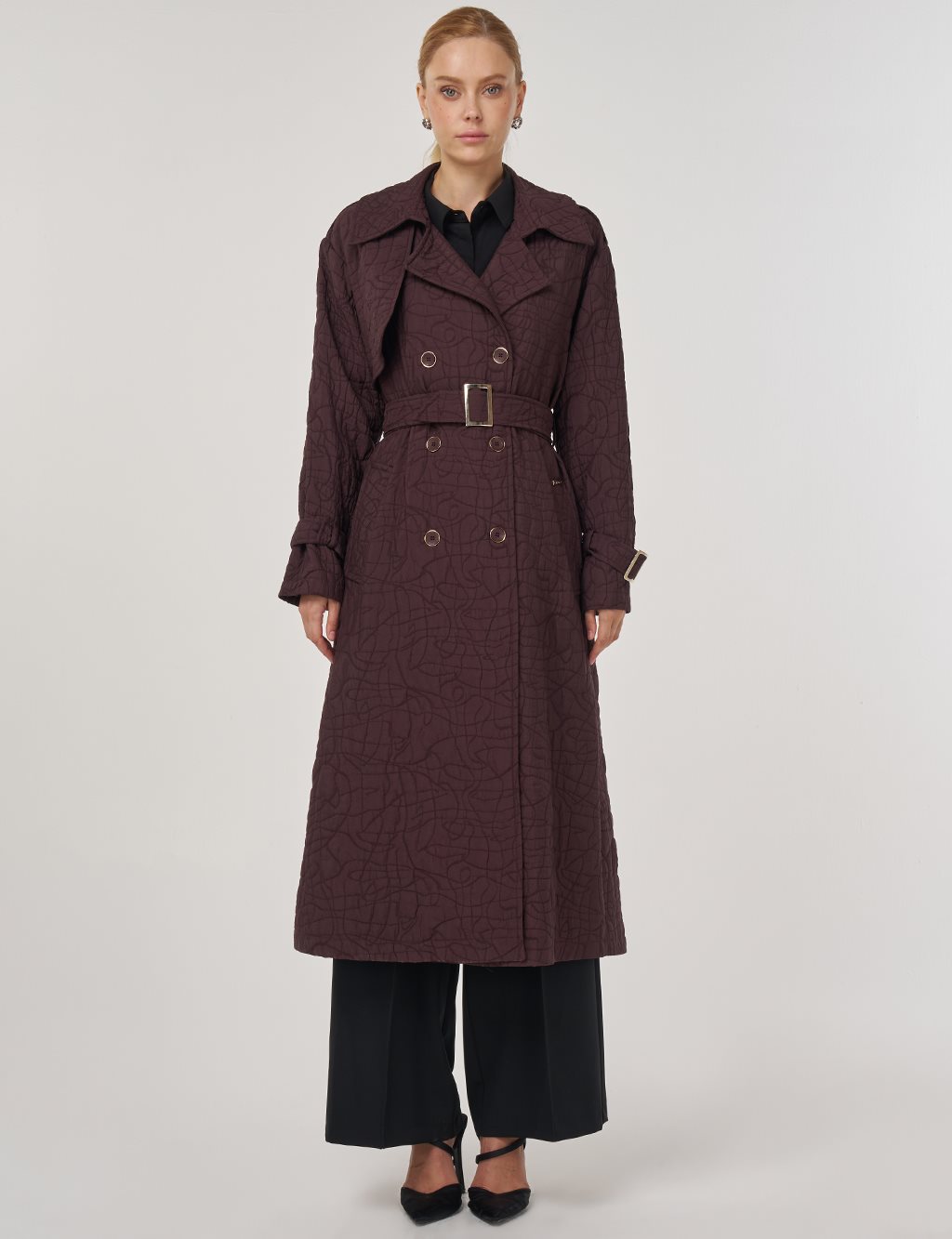 Embossed Epaulette Trench Coat in Dark Burgundy