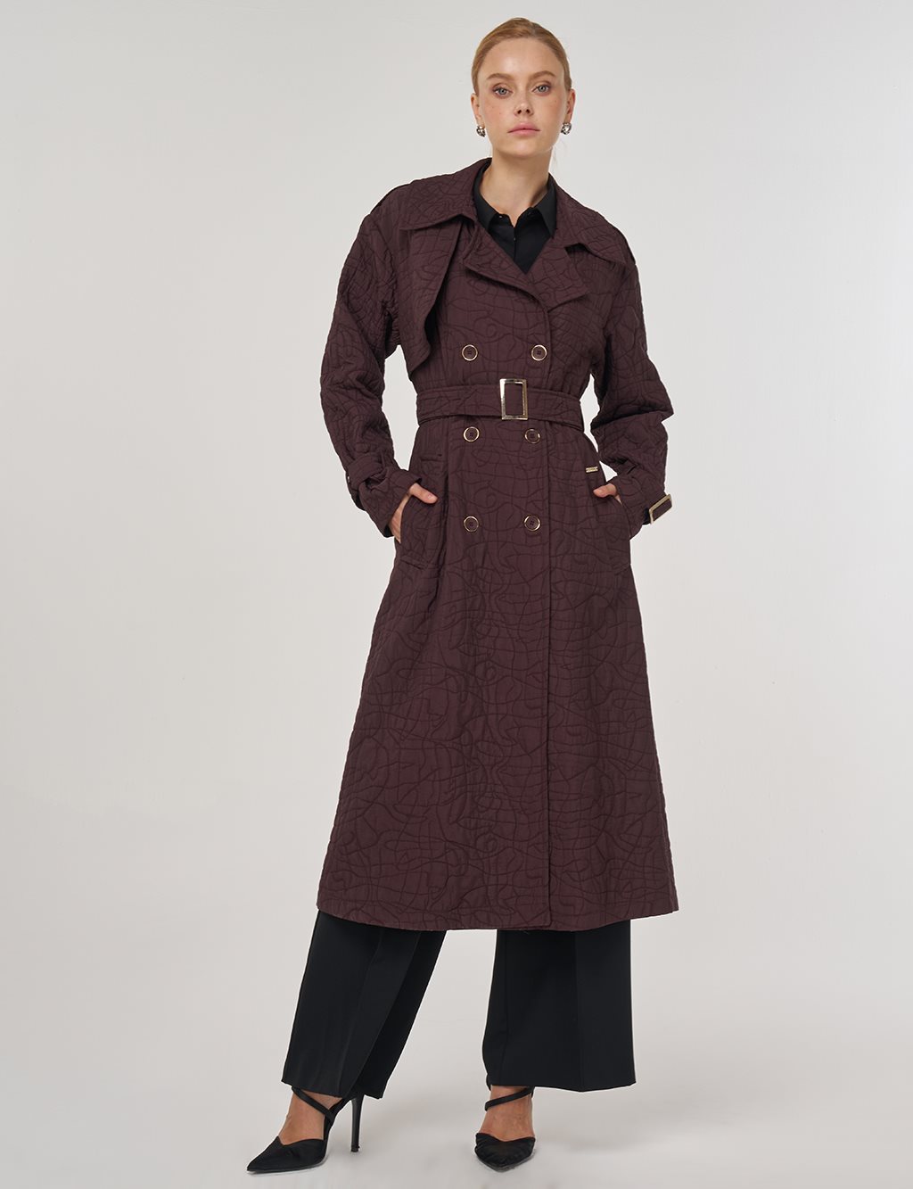 Embossed Epaulette Trench Coat in Dark Burgundy