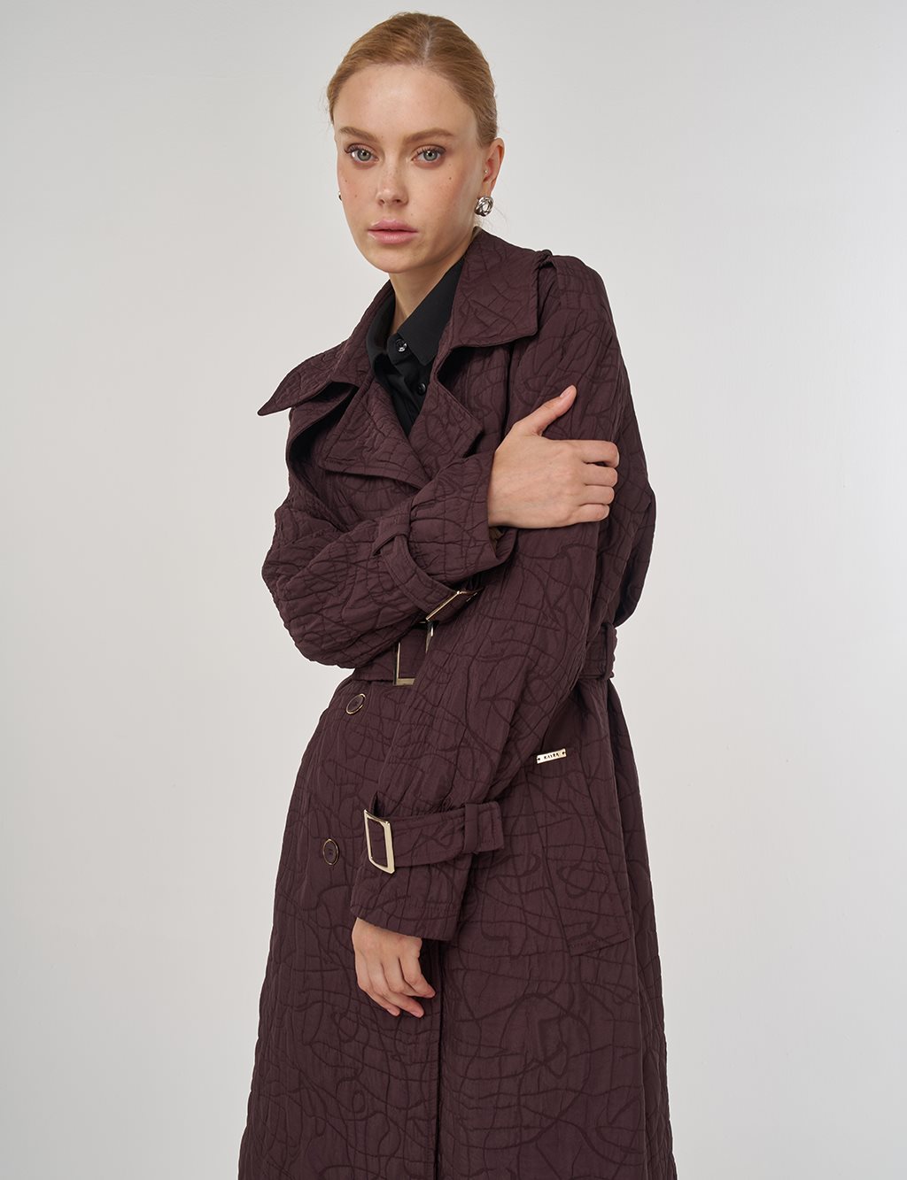 Embossed Epaulette Trench Coat in Dark Burgundy