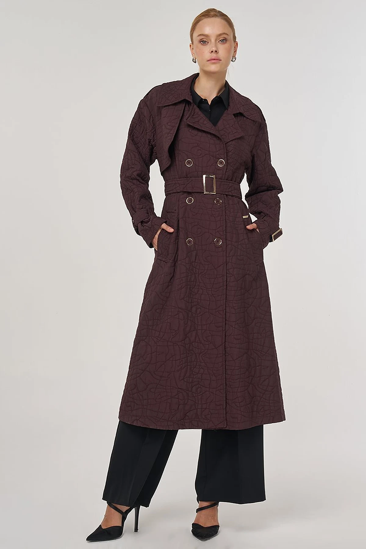 Embossed Epaulette Trench Coat in Dark Burgundy