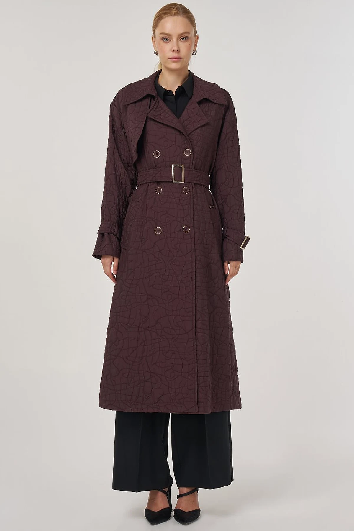 Embossed Epaulette Trench Coat in Dark Burgundy