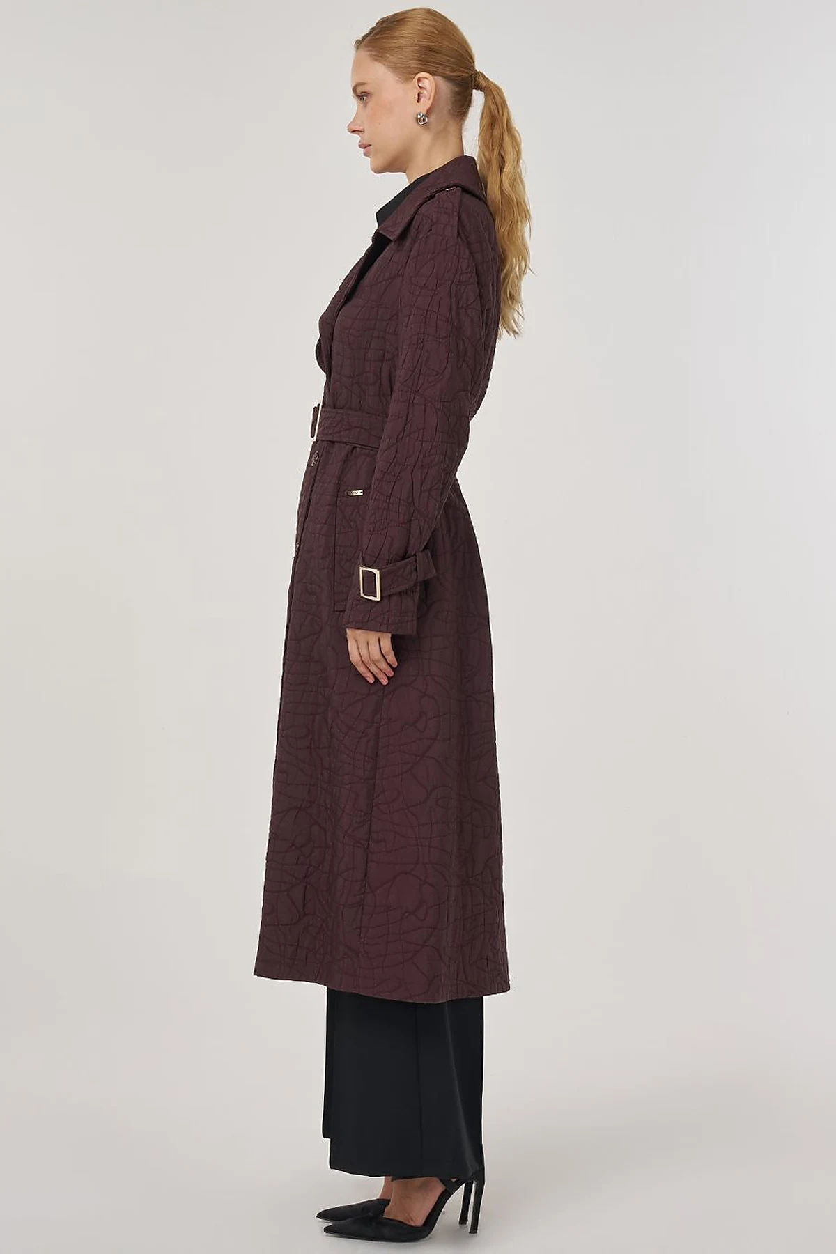 Embossed Epaulette Trench Coat in Dark Burgundy