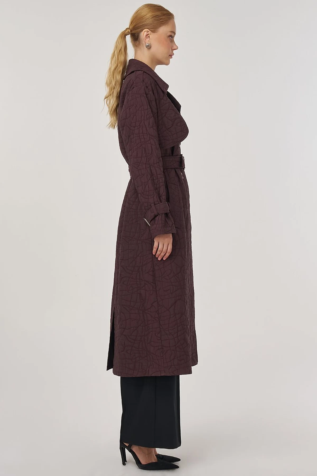 Embossed Epaulette Trench Coat in Dark Burgundy