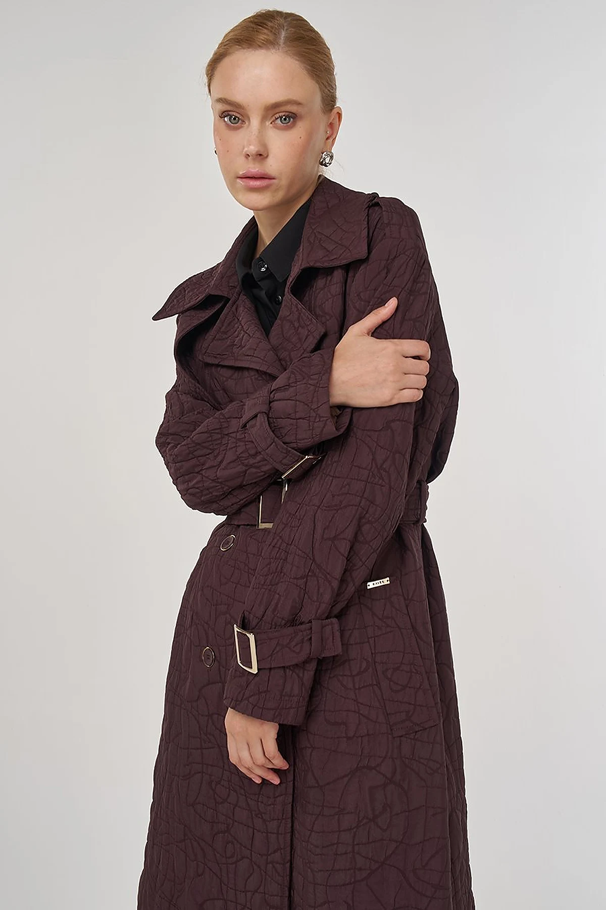 Embossed Epaulette Trench Coat in Dark Burgundy