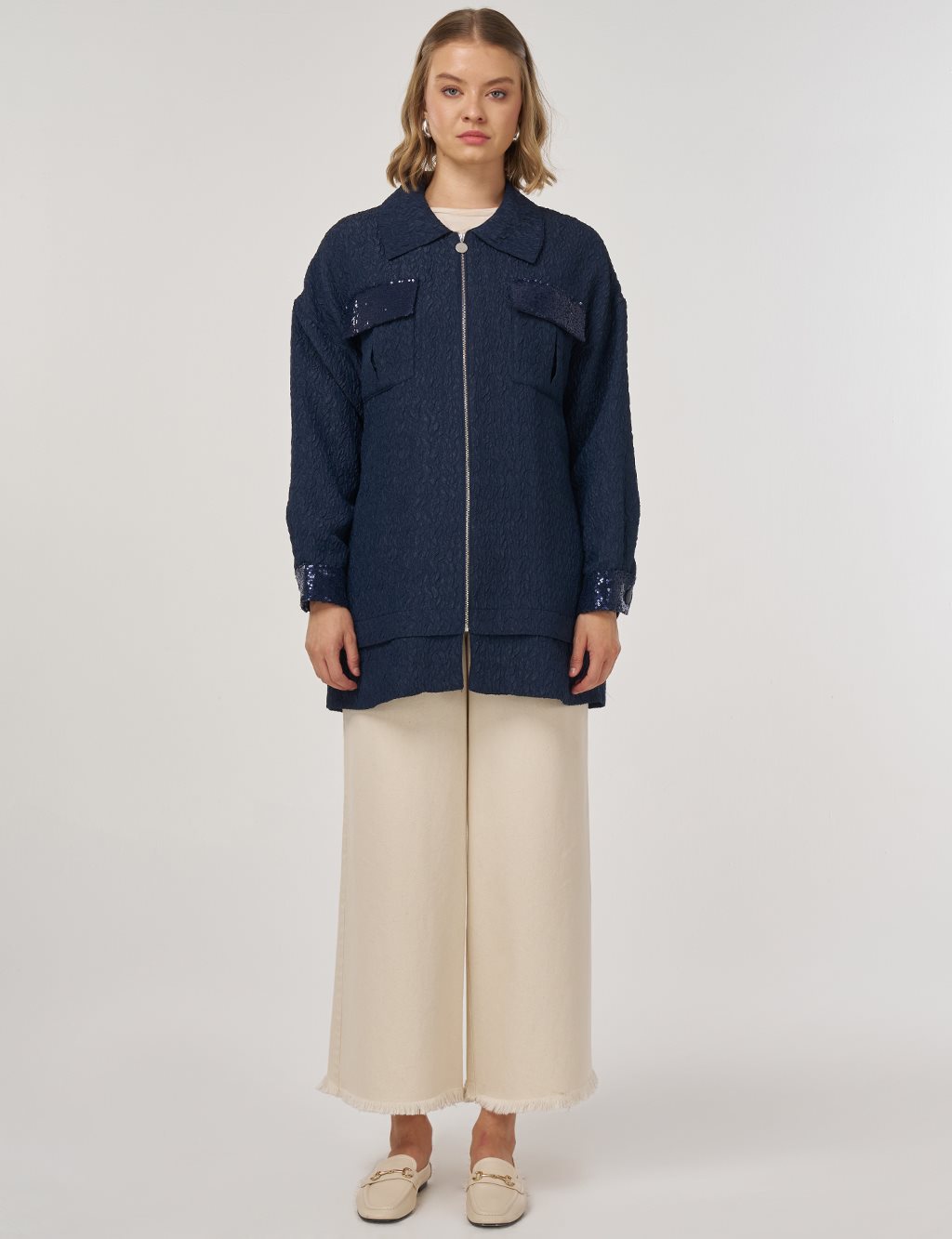 Payet Garnili Dokulu Ceket Koyu Lacivert 