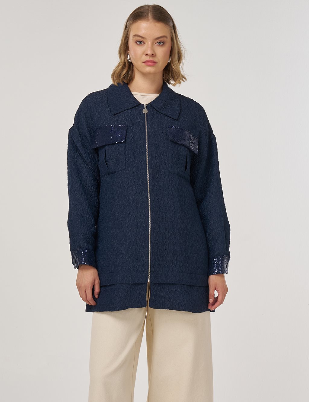 Payet Garnili Dokulu Ceket Koyu Lacivert 